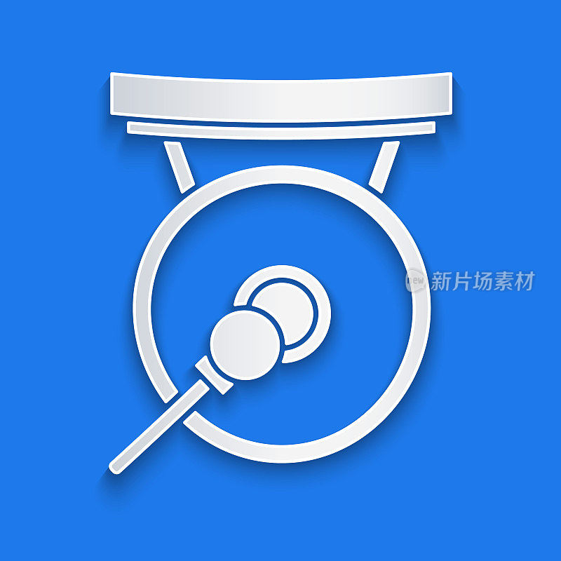 Paper cut Gong musical percussion instrument circular metal disc and hammer icon isolated on blue background. Paper art style. Vector Illustration